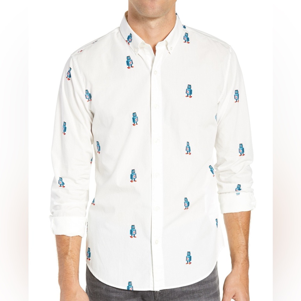Bonobos Washed Button Down Slim Fit White Robot Print Sport Shirt Size Medium - Picture 2 of 7
